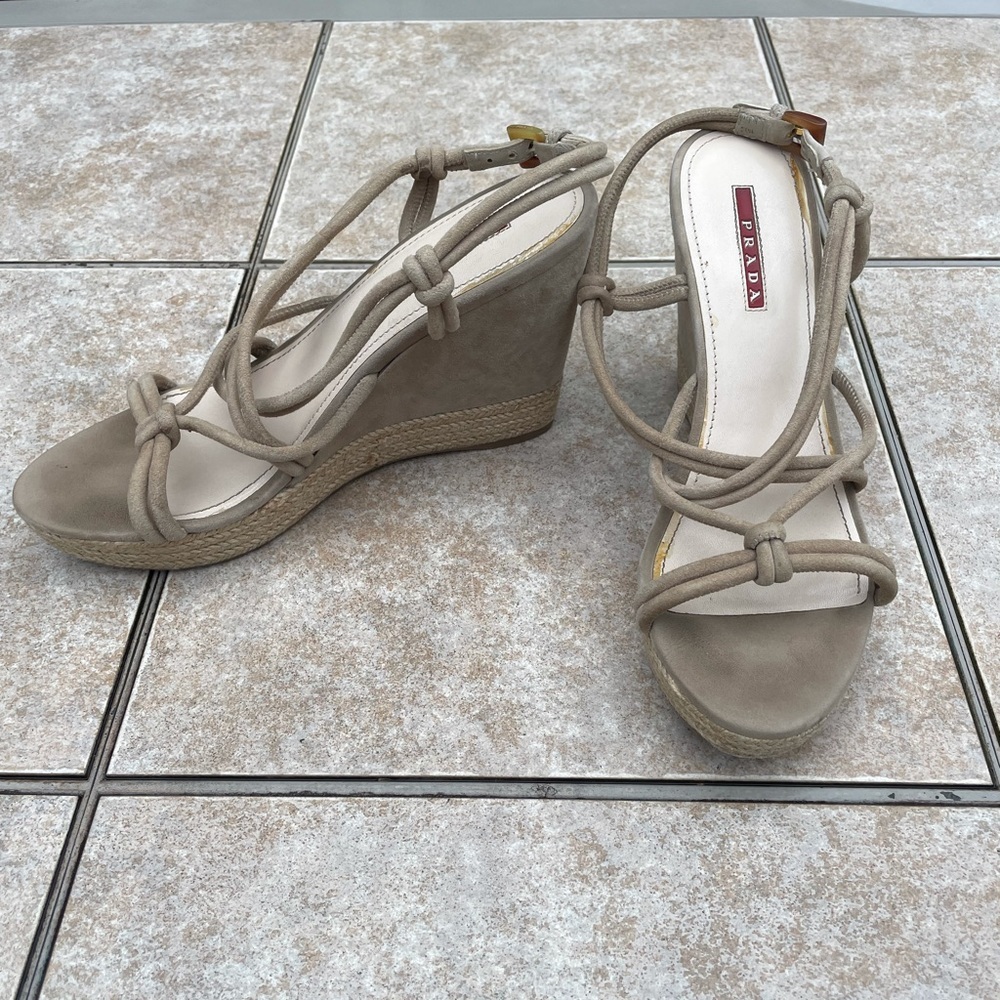Prada Leather & Espadrille Wedge Sandals/heels Sz:39.5